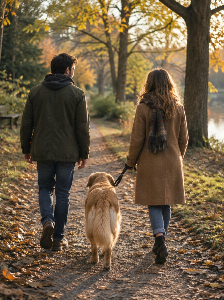 A couple walking their dog on a leafy park path
